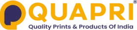 Logo for QUAPRI Quality Prints & Products Of India. Features a stylized yellow "Q" with a dark blue center above the bold yellow brand name.