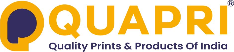Logo for QUAPRI Quality Prints & Products Of India. Features a stylized yellow "Q" with a dark blue center above the bold yellow brand name.