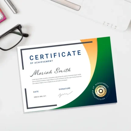 Landscape custom certificates for Mariah Smith with green and orange curves, a gold seal, and glasses on a desk.