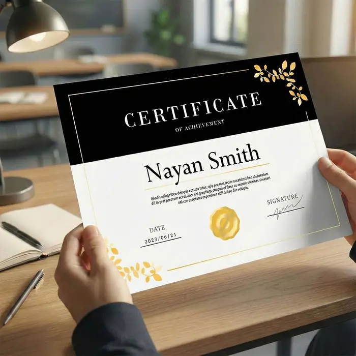 Certificate-2-2 Person holding a black and white premium paper certificate for Nayan Smith with gold leaf accents and a gold seal.