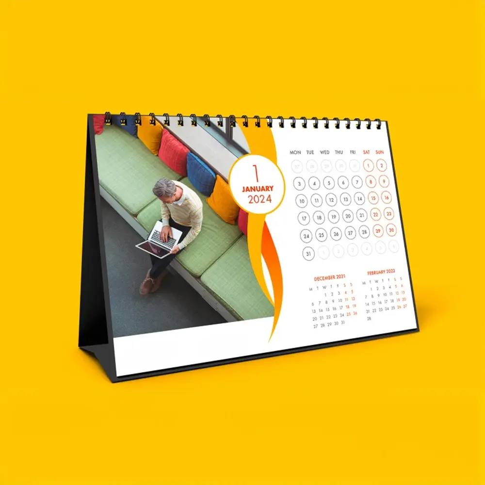 Unique table calendar with glossy finish, featuring personalized images and a sleek design for any workspace.