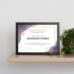 Certificates showcased in tasteful frames.