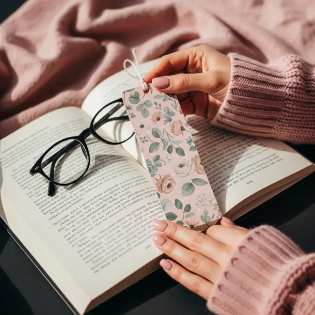 bookmark 1 Hands with pink nails hold a custom floral Custom Bookmark over an open book in soft natural light.