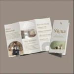 Interior design trifold Custom Brochure Printing for "Nōma Hub" featuring elegant room photos and a step-by-step service guide.