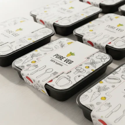 Custom box sleeves on food containers, showing printed Packaging Sleeves.
