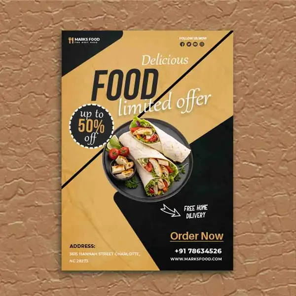 Custom Poster Modern food poster for wraps and rolls on a black and gold geometric background with a "50% OFF" sticker.