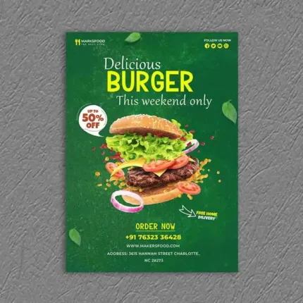 Vibrant green food custom poster showing an exploded-view burger with fresh ingredients and a "50% OFF" discount tag.