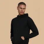 Plain black hoodie with a front pocket and adjustable drawstring hood