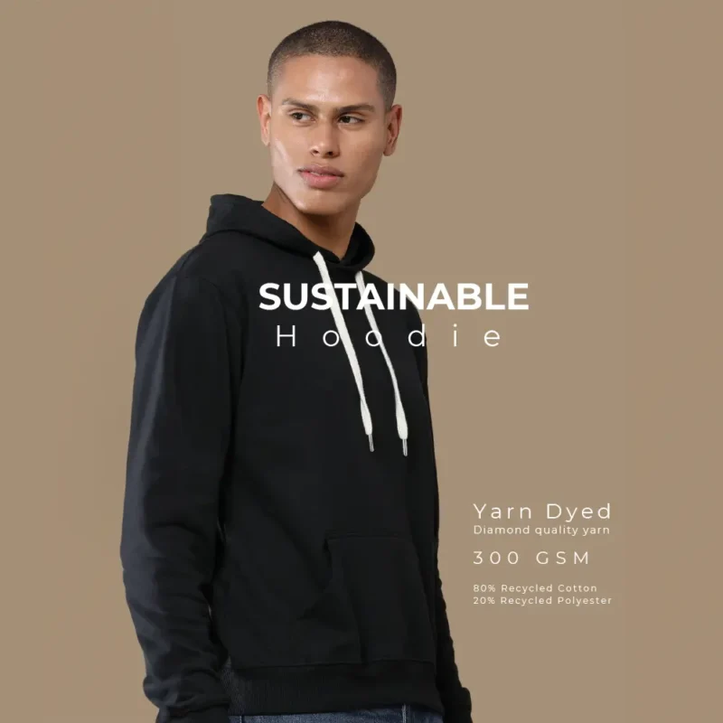A man wearing a black hoodies with white drawstrings