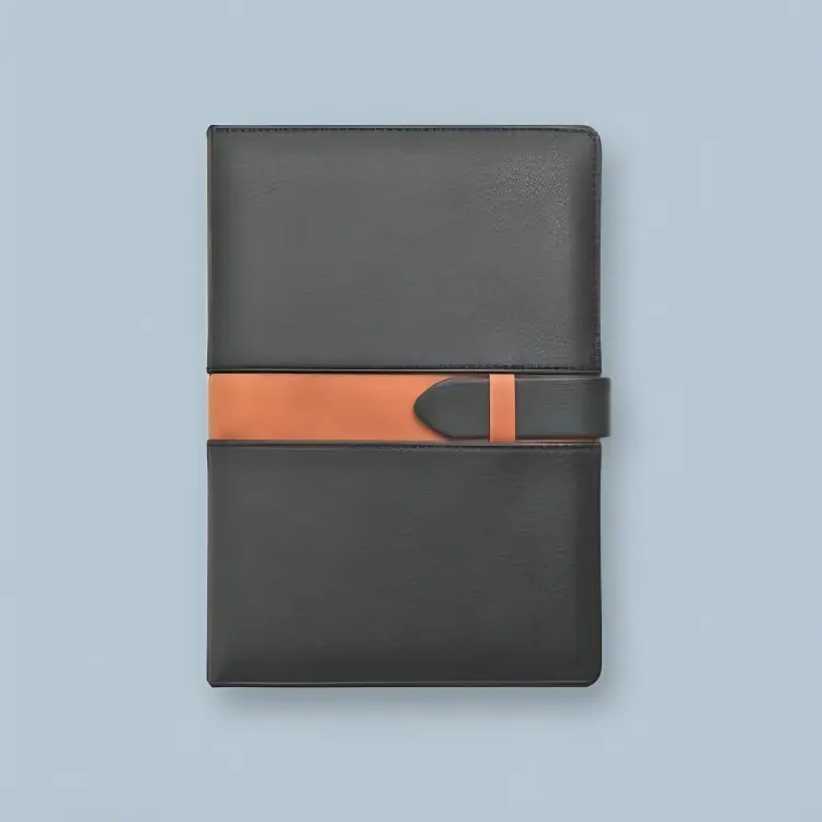 Flat lay of a premium A5 leather journal with a rich, textured cover.
