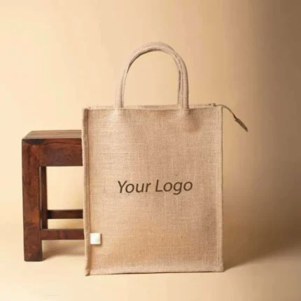 Rectangular jute shopping bag with a top zipper, matching brown handles, and "Your Logo" printed on the front.