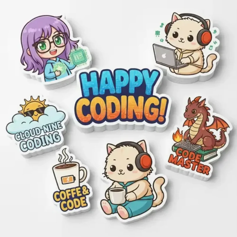 Custom vinyl stickers and custom vinyl decals featuring cute coding and cat themes around a "Happy Coding!" sign.