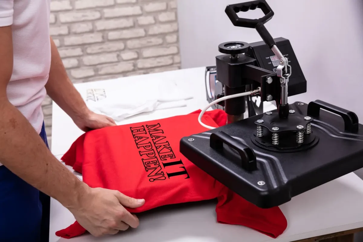 A person uses a heat press to create a Custom T-Shirt Printing with the phrase "MAKE IT HAPPEN!" on a red shirt.