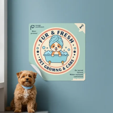 Pet grooming wall sticker displayed on a blue wall with a cute dog sitting beside it