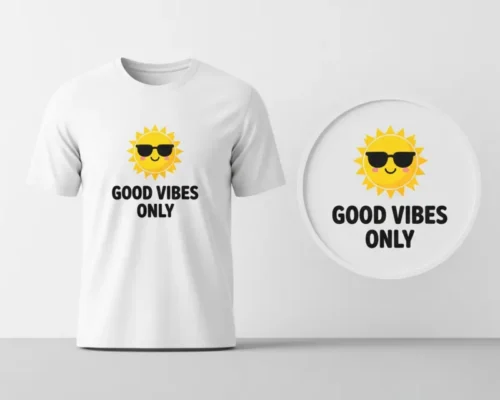 White t-shirt with custom printed design and separate digital print file shown in a circle, Print-On-Demand Products