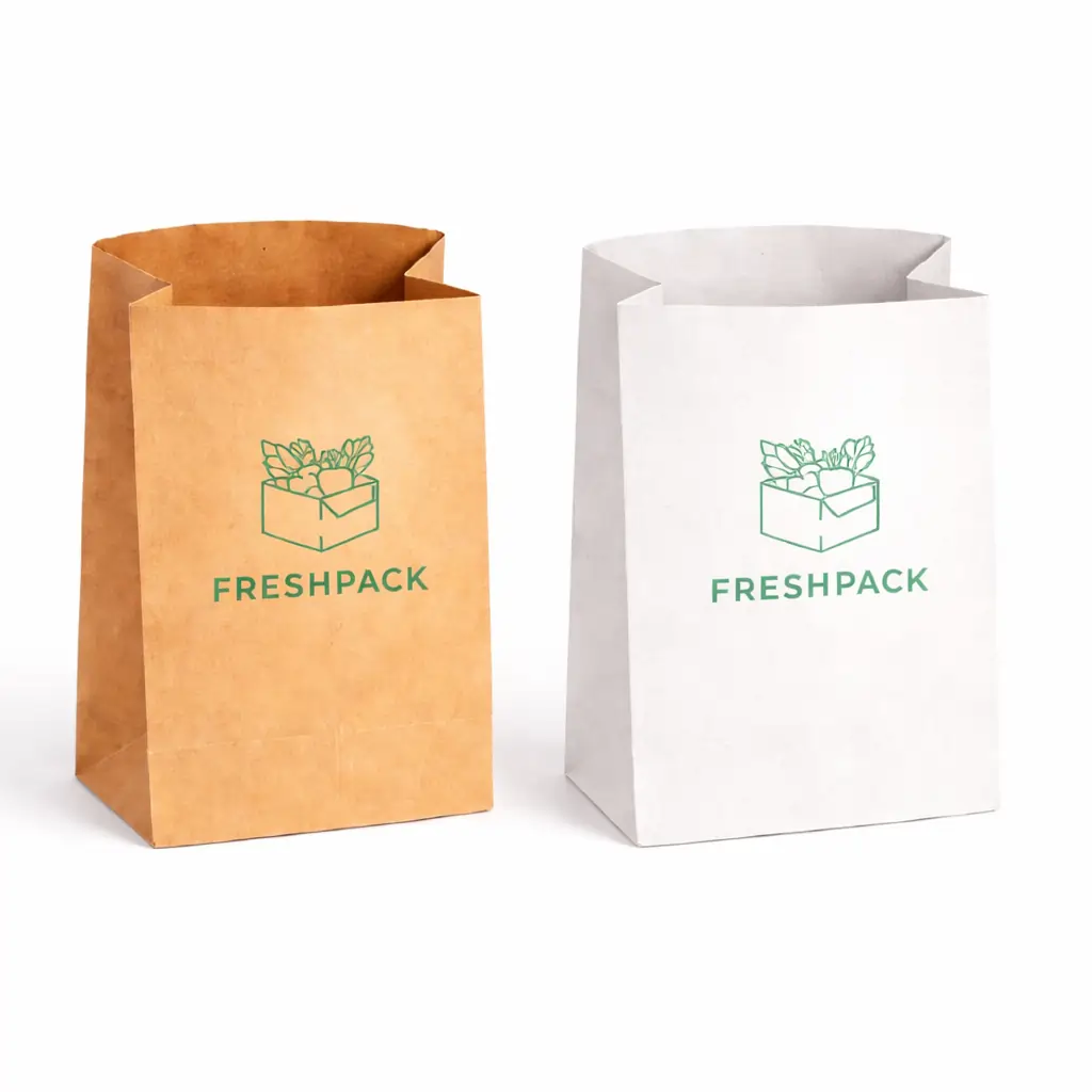 paper pouches Two Small Paper Pouch grocery bags, one brown and one white, side-by-side. Both feature a green logo of a produce box with the text "FRESHPACK" below.