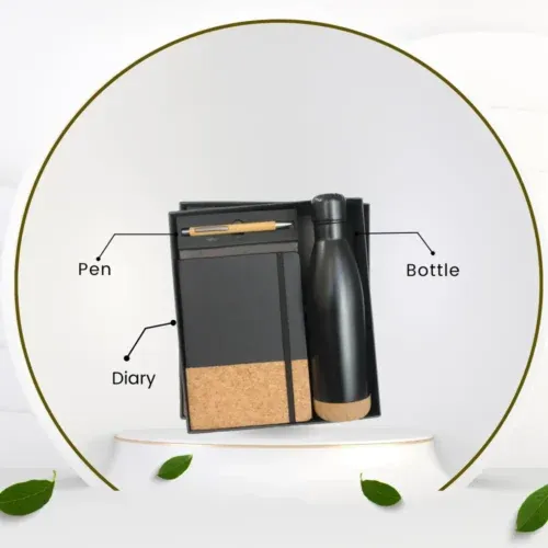 Employee Welcome Kit: Black gift set featuring a notebook with a cork accent, a matching black insulated bottle, and a sustainable bamboo pen.