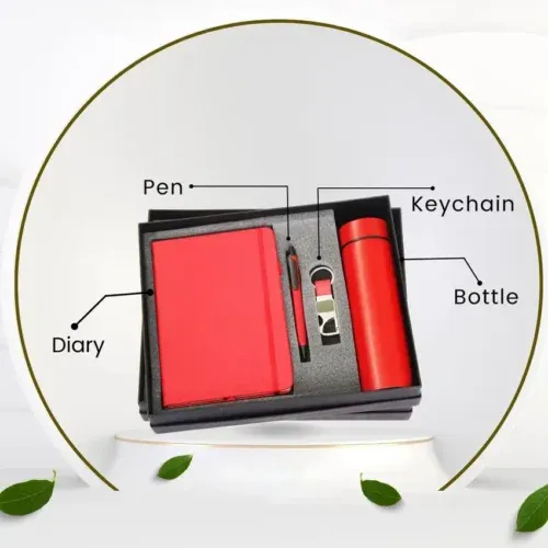 Employee Welcome Kit: Bold red gift set with a diary, pen, metal keychain, and insulated bottle, all neatly presented in a black box.