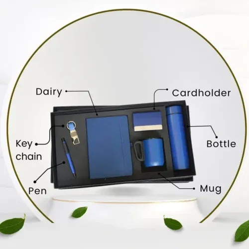 Employee Welcome Kit: Five-piece blue gift set featuring a diary, pen, keychain, cardholder, mug, and insulated bottle, in a black presentation box.
