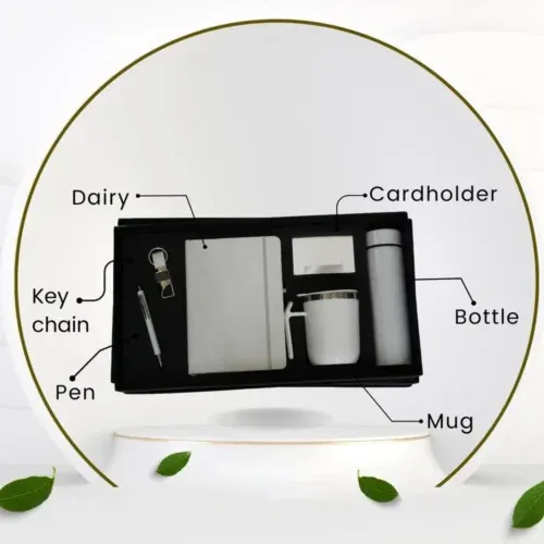 Employee Welcome Kit: Five-piece white and silver gift set: diary, pen, keychain, cardholder, mug, and insulated bottle, presented in a black box.