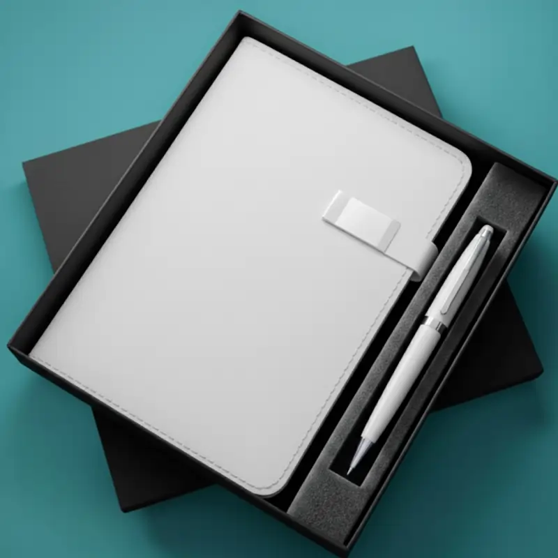 Employee Welcome Kit featuring a white notebook and a matching white pen set neatly in a black gift box.