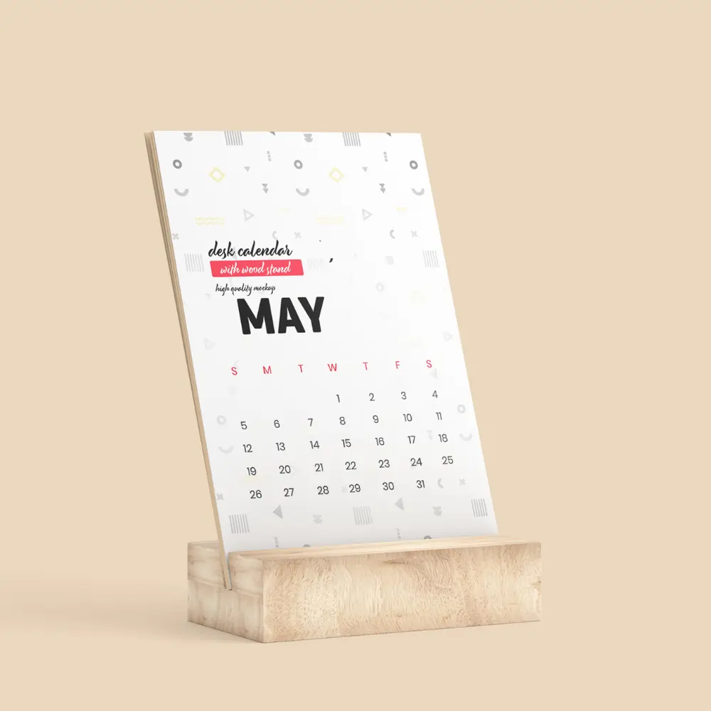 desk-calendar-with-wooden-stand-quapri A Desk Calendar With Wooden Stand displaying the month of May. The calendar has a modern, minimal design with geometric patterns and an A5-sized full-colour sheet.