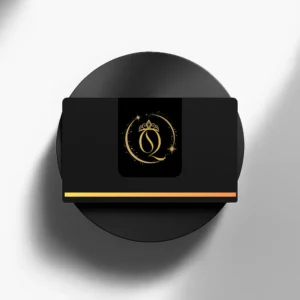 Black business card featuring a gold crowned "Q" logo inside a celestial circle, displayed on a black circular pedestal