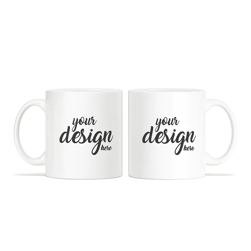 Two identical white ceramic mugs side by side, each featuring the black script text "your design here" as a template mockup