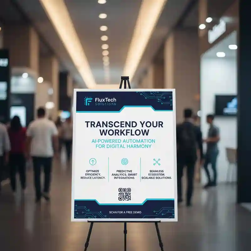 Branded signage for event and exhibition solutions, showcasing AI-powered automation workflow options on a floor easel.