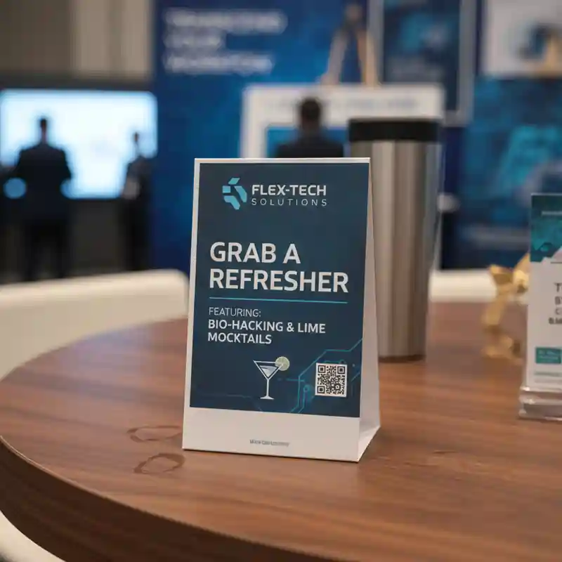 tabletop sign featuring the Flex-Tech Solutions logo and the text "GRAB A REFRESHER" advertising bio-hacking and lime mocktails. This Event and Exhibition Solutions display includes a QR code and a small cocktail icon on a wooden table.