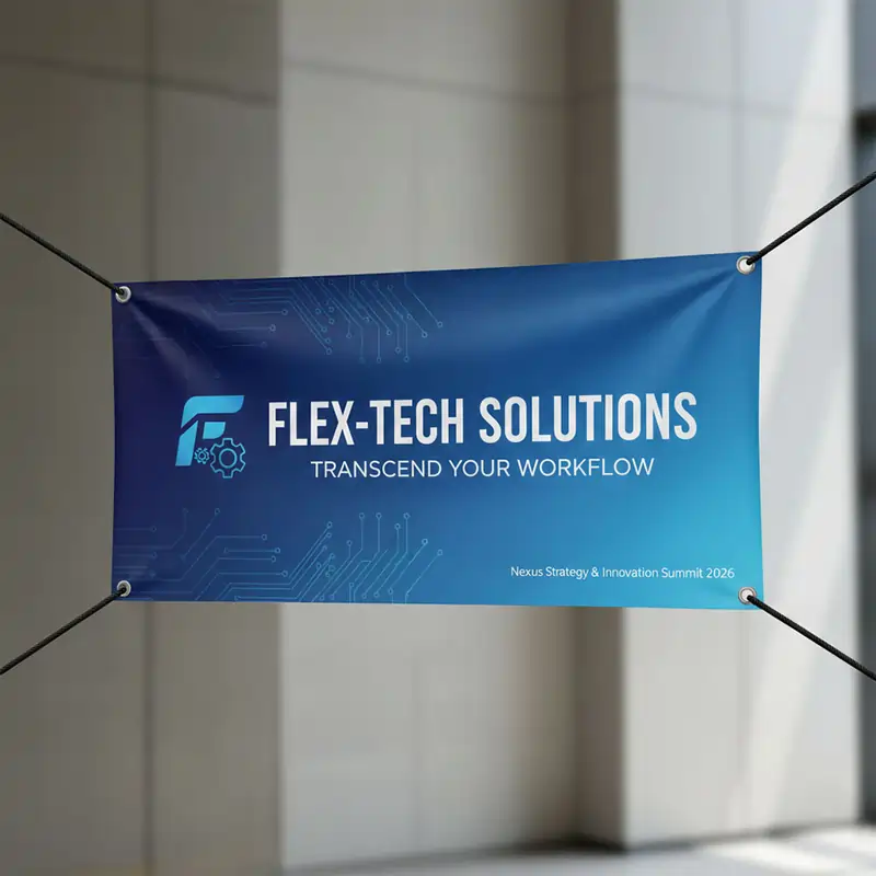 A horizontal blue vinyl banner suspended by ropes at the corners, featuring the Flex-Tech Solutions logo and the text "Nexus Strategy & Innovation Summit 2026."
