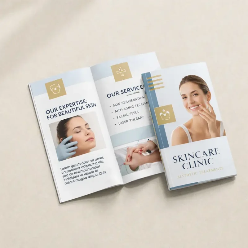An open and a closed DL magazine for a skincare clinic, displayed on a light, textured surface.