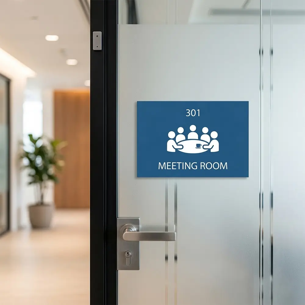 stick-on-signs-1 A blue Stick On Signs plaque for Meeting Room 301 is mounted on a frosted glass office door. It features a white icon of people at a conference table.