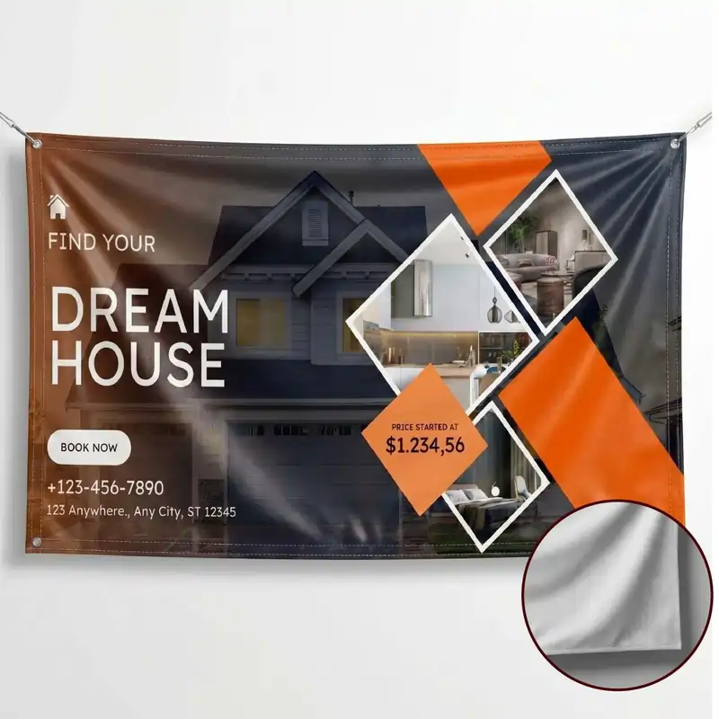Real estate "Find Your Dream House" sign printed on high-quality Banner Materials, featuring orange accents and home imagery.