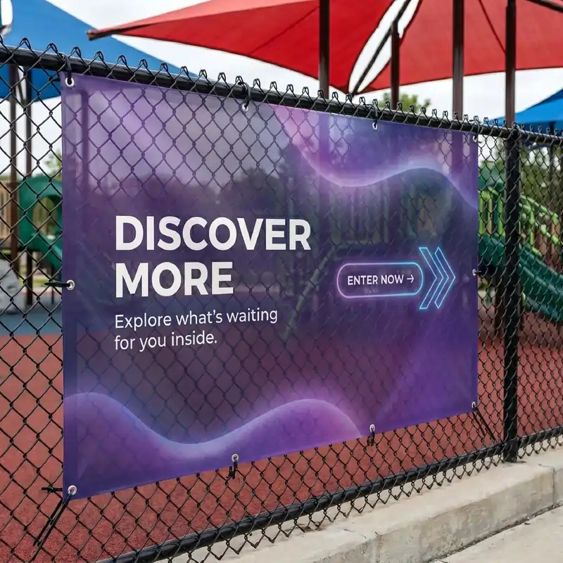 Purple "Discover More" sign printed on mesh Banner Materials, attached to a chain-link fence at a playground.
