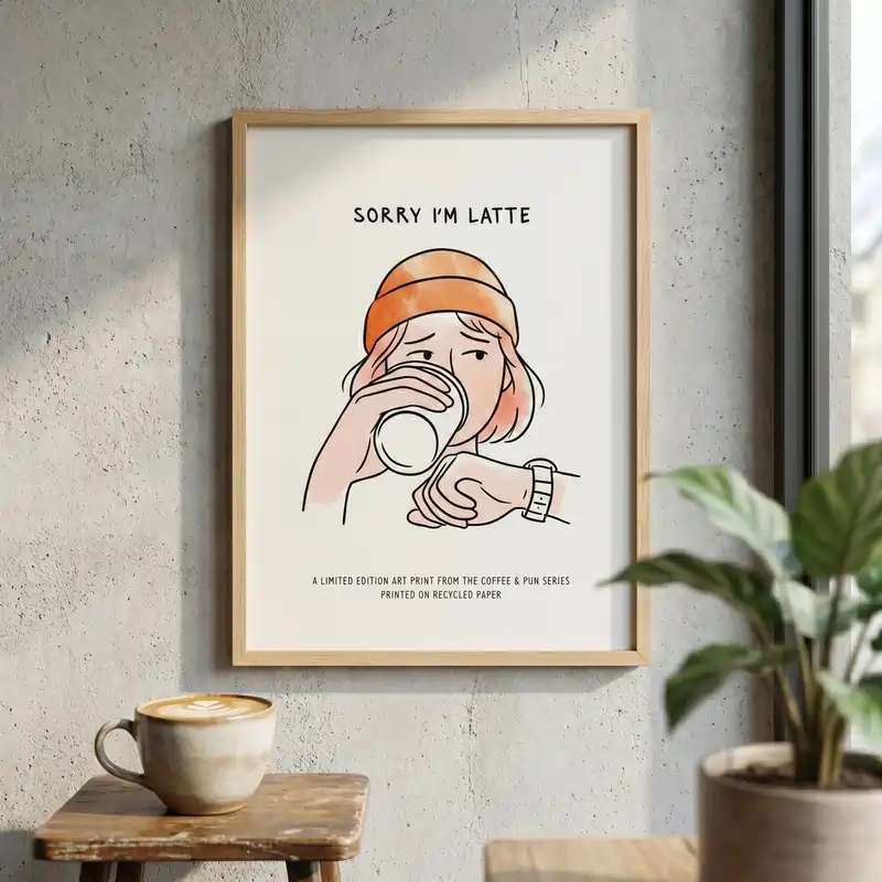 Minimalist Poster Design Ideas: A framed coffee-themed illustration featuring a punny "Sorry I'm Latte" quote on a textured wall.