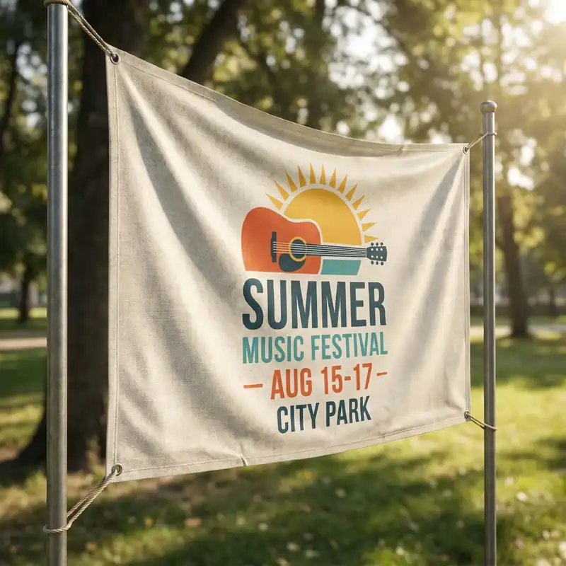 A custom polyester fabric banner for a Summer Music Festival mounted on metal poles in a sunny park, featuring a guitar and sun logo.