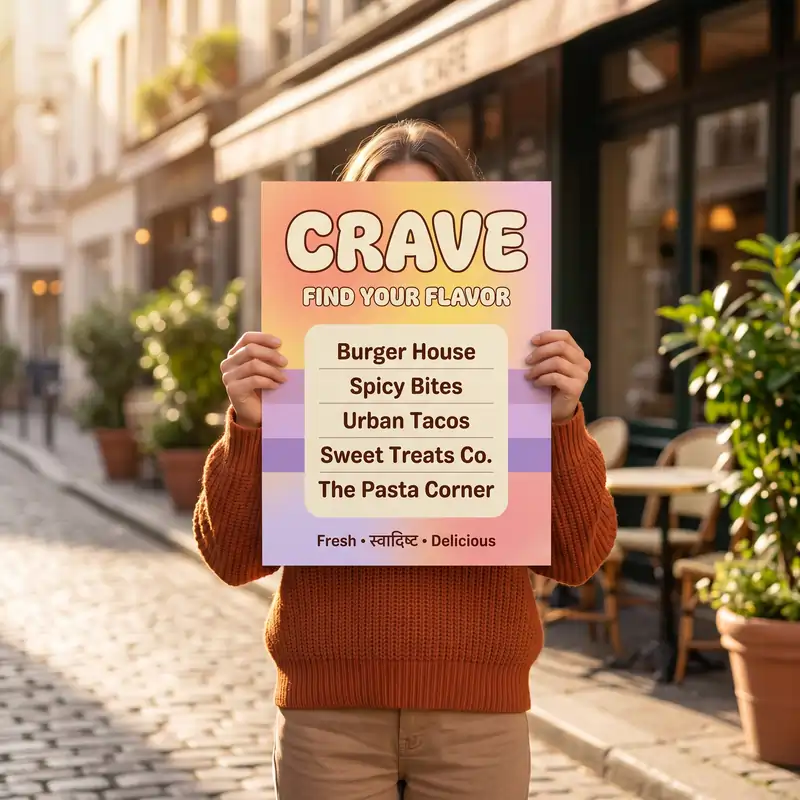 Retro-style Poster Design Ideas: A woman holds a gradient food directory poster featuring bold "CRAVE" text on a sunny street.