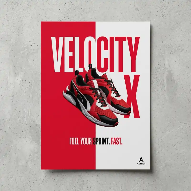 Dynamic Poster Design Ideas: A red and white split layout featuring Velocity X sneakers and bold typography for a sports brand.