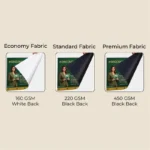 Fabric Banners material options showing economy 160 GSM, standard 220 GSM, and premium 450 GSM printing fabrics.