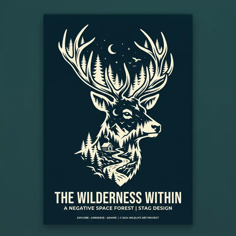 Artistic Poster Design Ideas: A striking stag head using negative space to reveal a forest, cabin and night sky landscape.