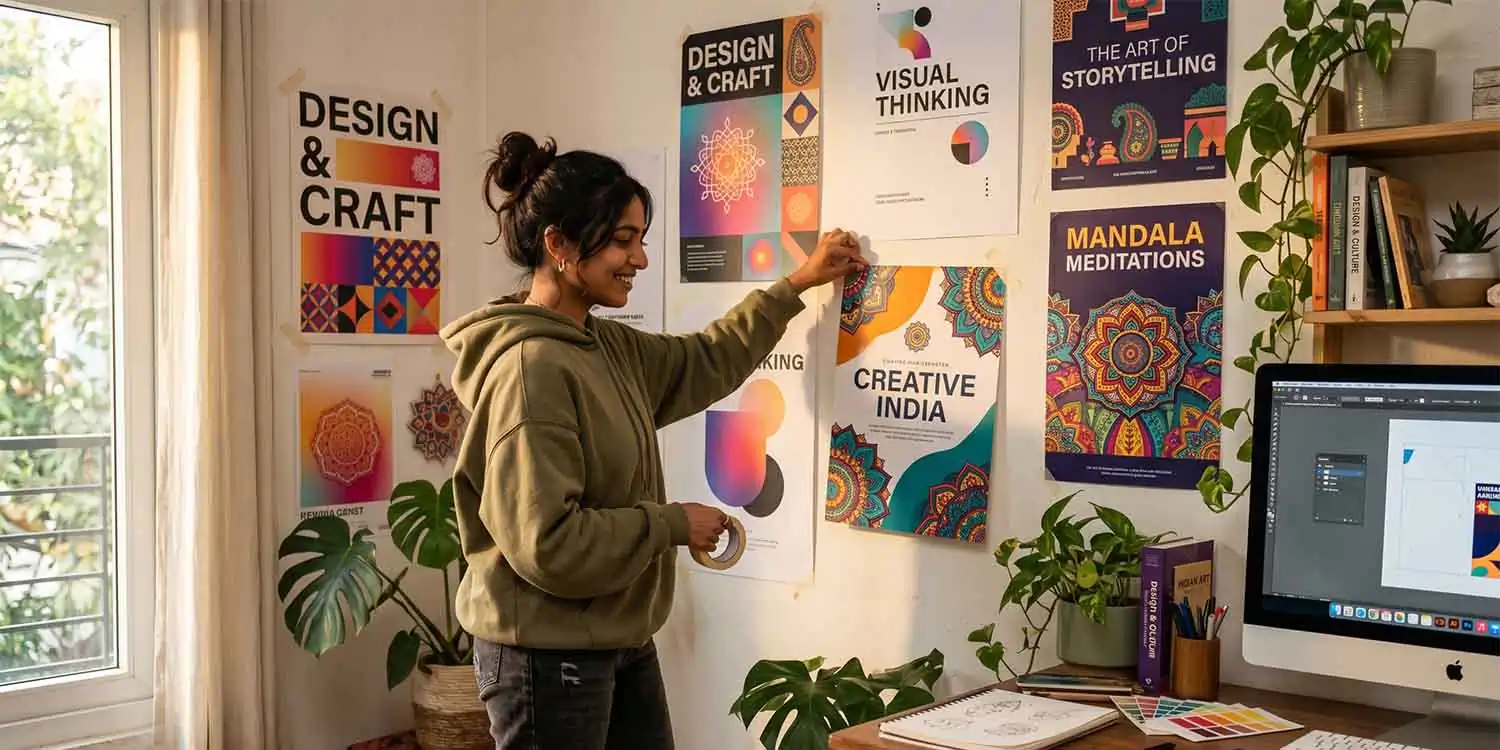 A designer hangs vibrant prints, showcasing creative Poster Design Ideas like mandalas and typography in a sunlit home studio.