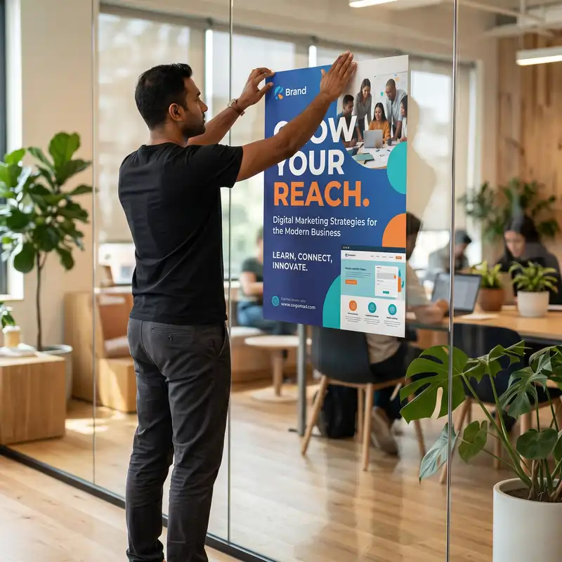 A man applying a custom blue poster to an office glass wall, featuring marketing graphics, a business photo, and the headline "GROW YOUR REACH."
