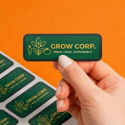 A hand peeling a green rectangle sticker with rounded corners from a sticker sheet, featuring the yellow logo and text for "GROW CORP. FRESH. LOCAL. SUSTAINABLE." against a bright orange background.