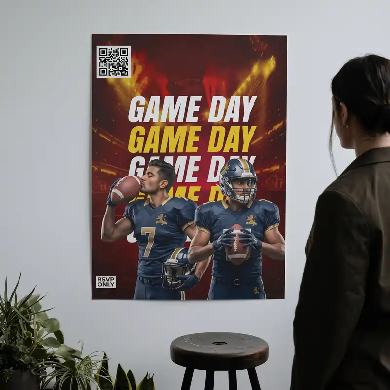 High-energy Poster Design Ideas: A woman views a "Game Day" football poster with athletic players and a QR code on a gallery wall.