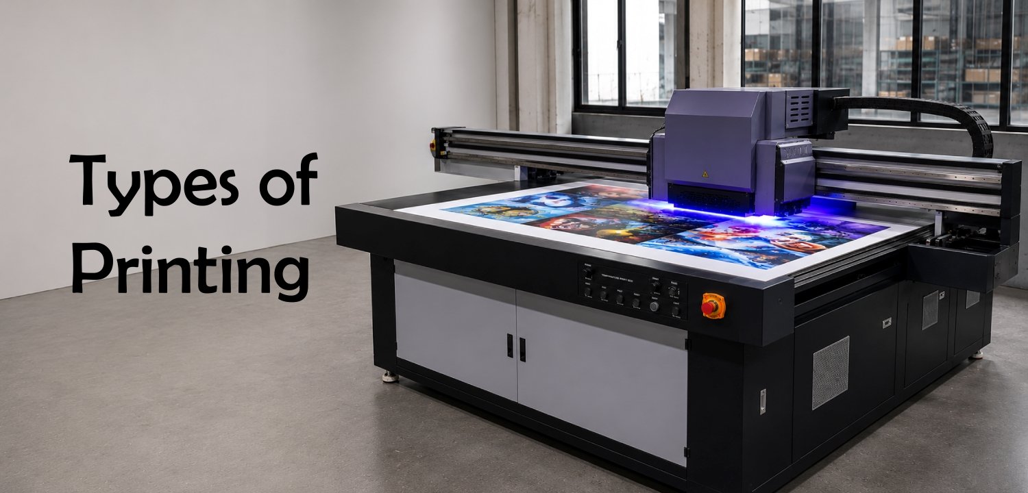 Large UV flatbed printer in a minimalist studio processing a colorful graphic print under blue curing light. Text reads "Types of Printing".